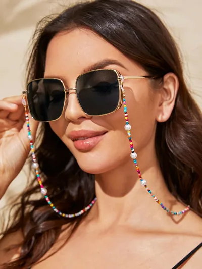 سلسلة نظارات باللون الذهبي مزينة بخرز متعدد الألوان - 9867